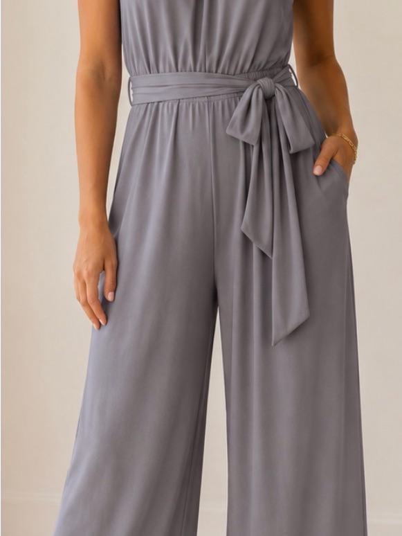 Express Sleeveless Wide-Leg Jumpsuit In Slate Gray With Self Tie Waist